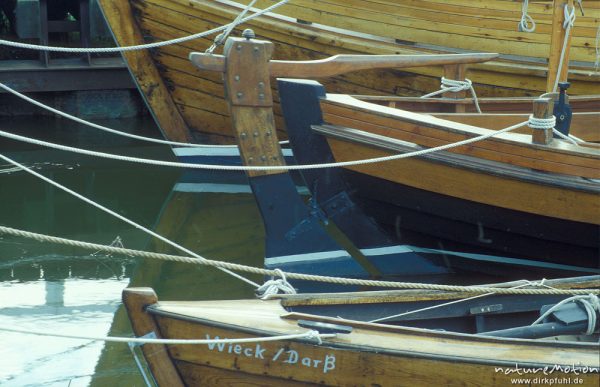 vertäute Rümpfe von Holzbooten, alter Hafen von Born, Darß, Zingst, Deutschland