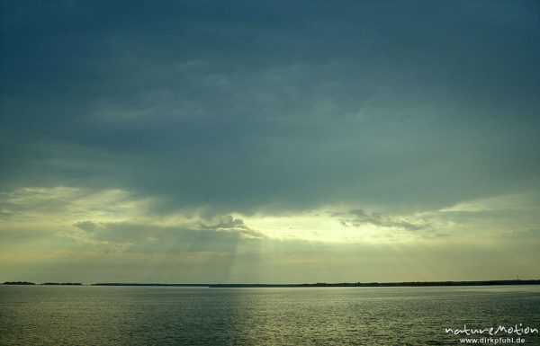 Lichtstrahlen aus bewölktem Himmel auf Bodden, Darß, Zingst, Deutschland